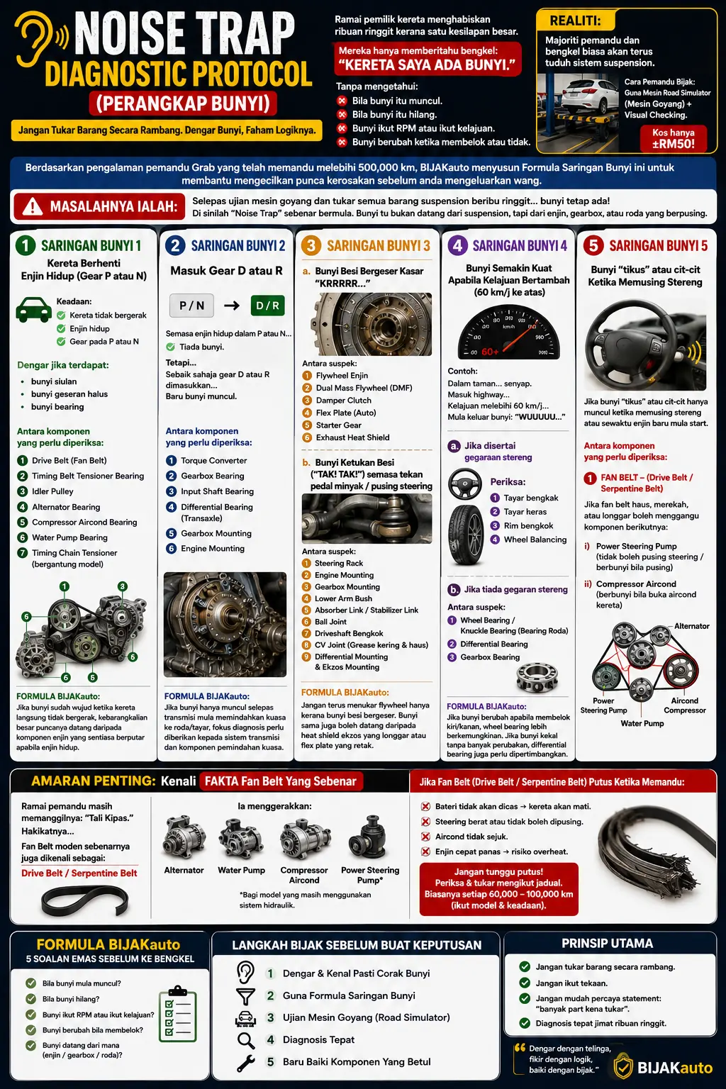 Noise Trap Diagnostic Protocol infographic BIJAKauto Malaysia